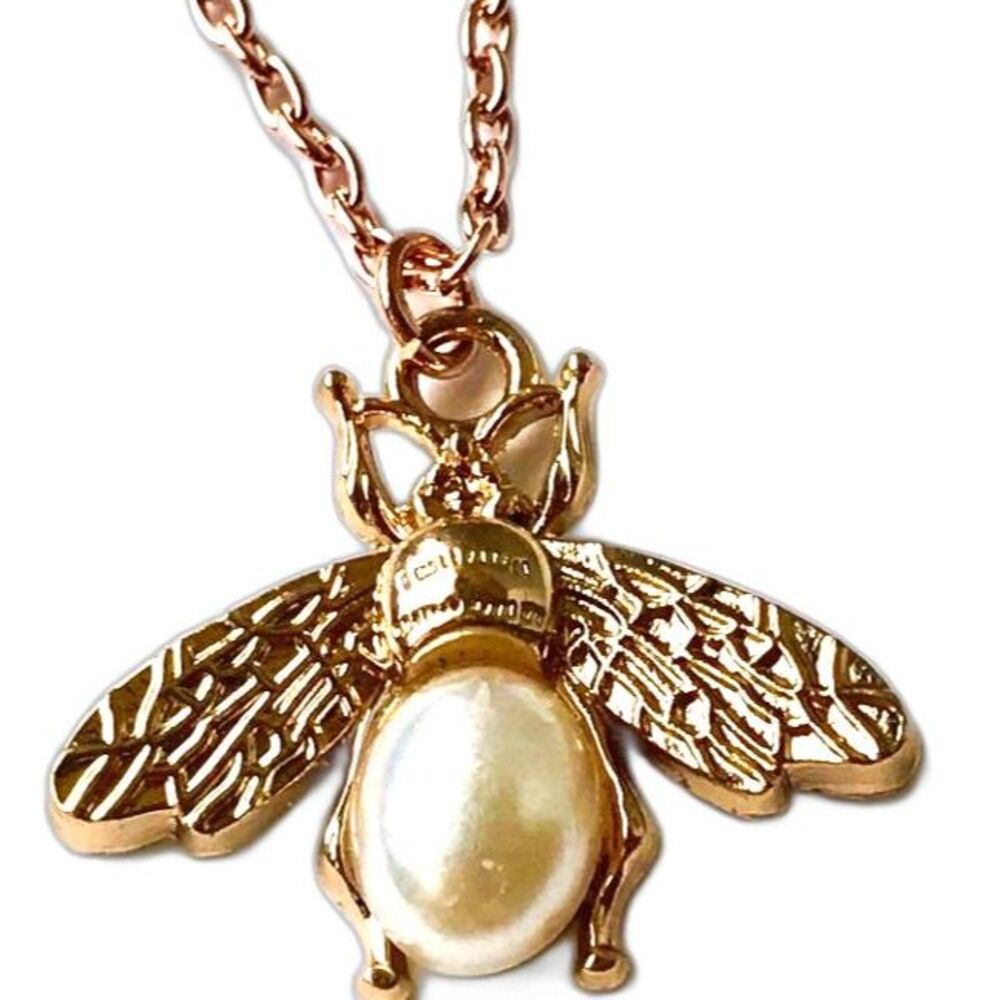 Bumble Bee Pendant Necklace 24" Rose Gold Plated Insect Queen Bea Pearl